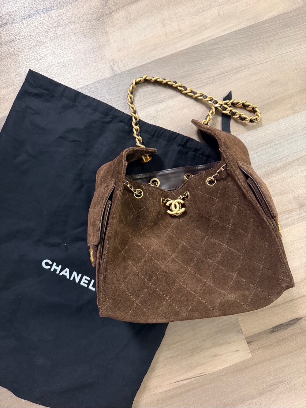 CHANEL Brown Suede Quilted Drawstring Hobo with Gold-Tone Chain